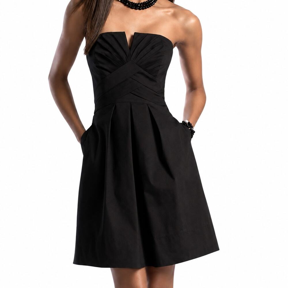WHBM White House Black Market Strapless Black V Notch Pleated Pocket Dress 2